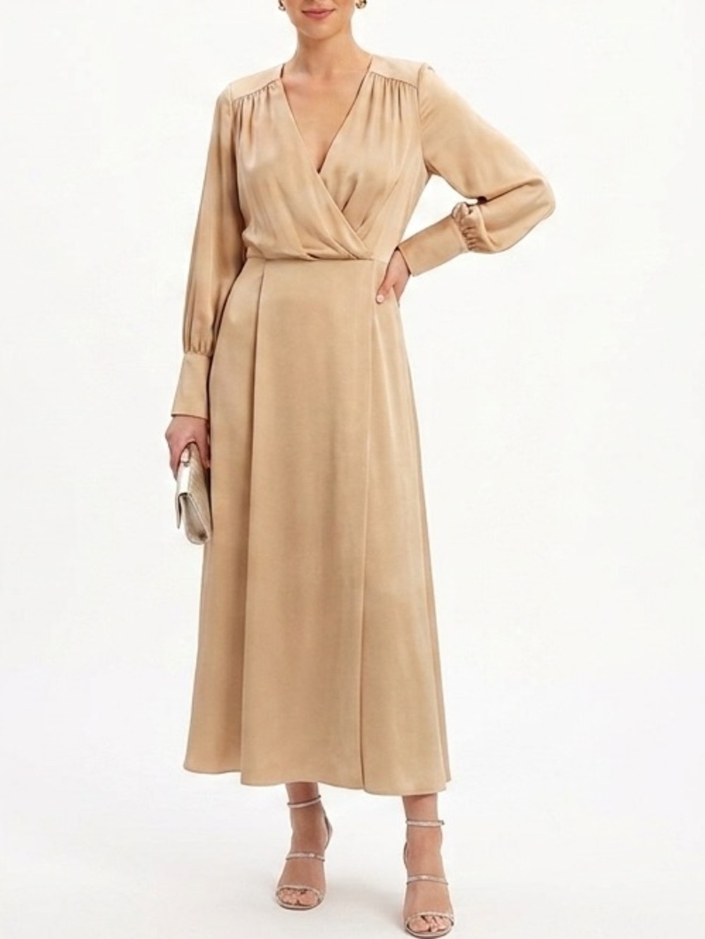 NWT White Wise Champagne Satin Faux Wrap Midi Dress Sz 42